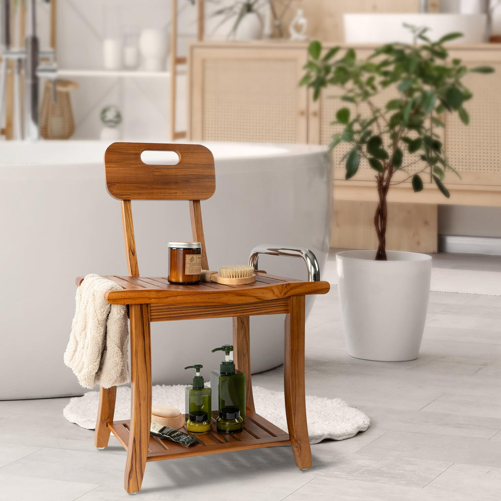 Teak Shower Bench with Handles and Backrest I915128