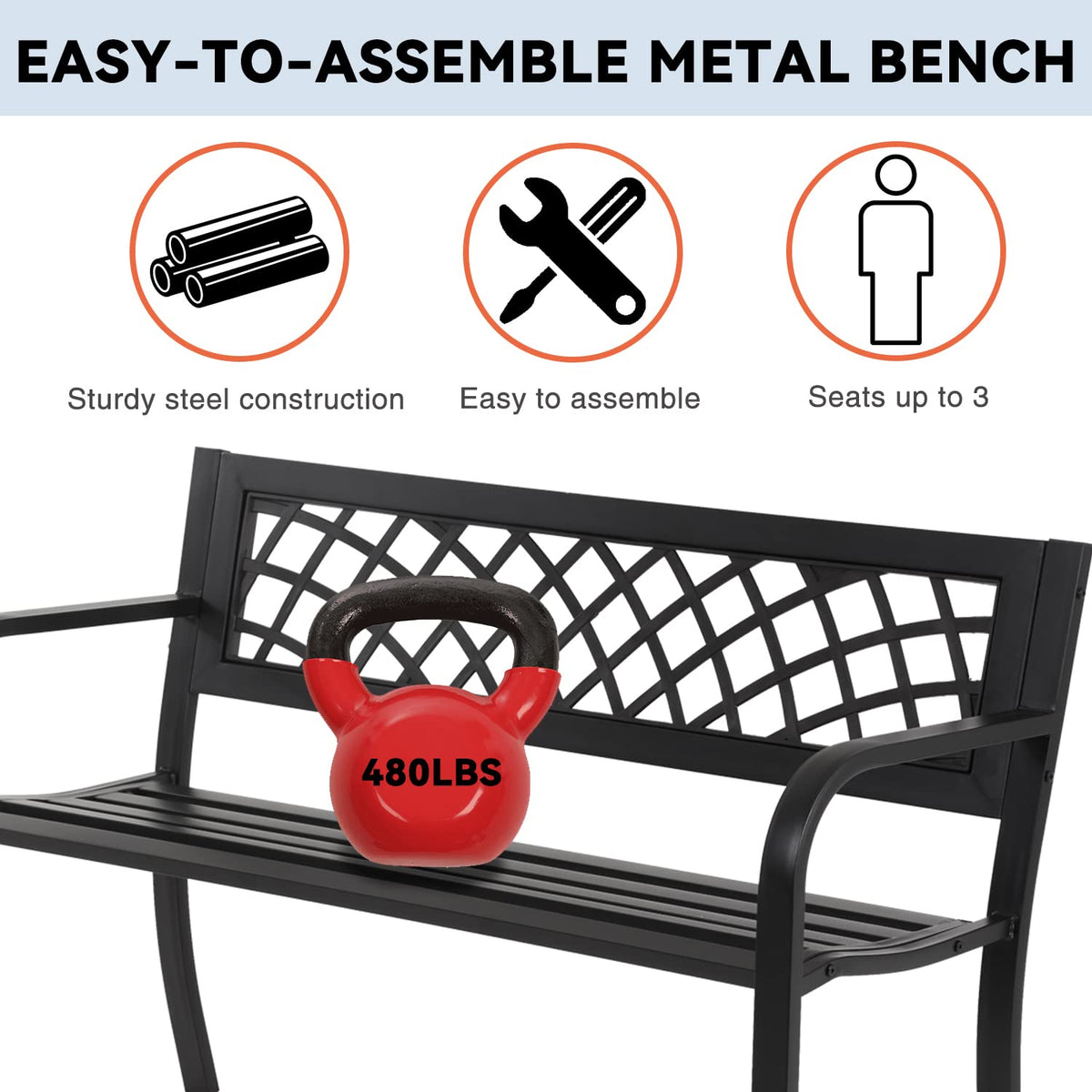 4 Feet Heavy-Duty Metal Patio Bench with Backrest Armrests P1609