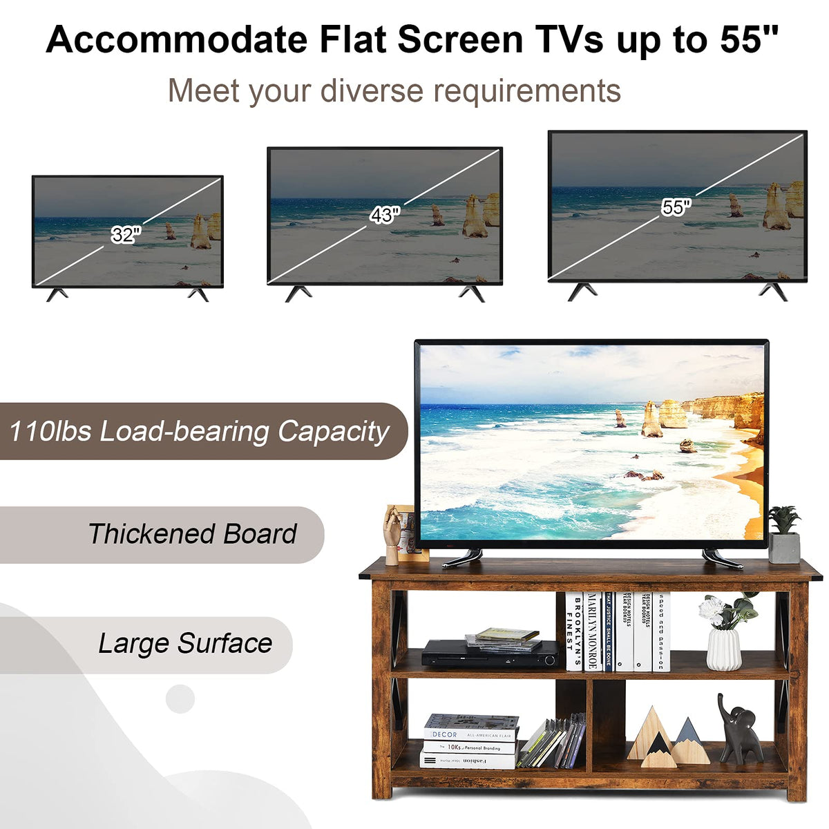 Brown 3 Tier Wood TV Stand with Open Shelves A707980