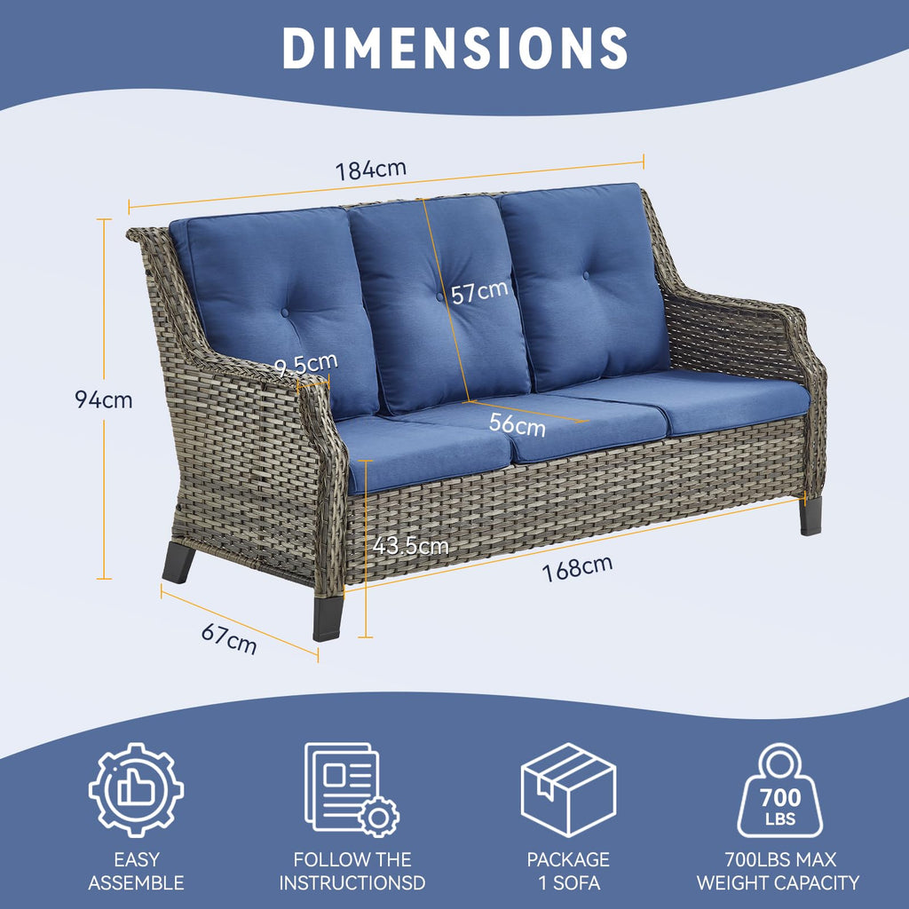 Grey Wicker 3pcs Patio Furniture Set with Blue Cushions D98611