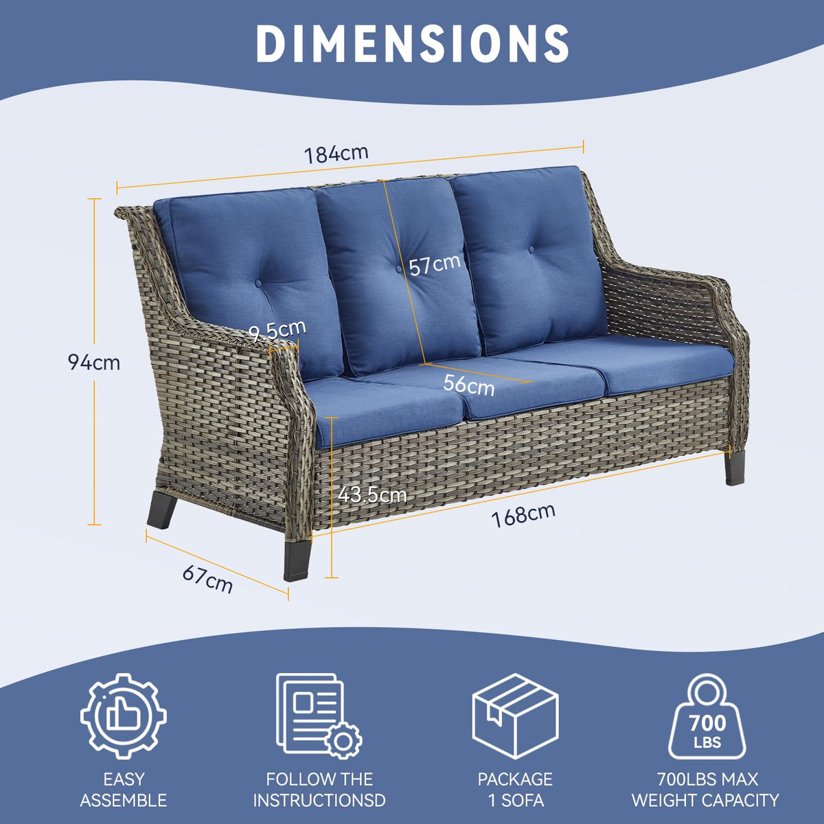 Grey Wicker 3pcs Patio Furniture Set with Blue Cushions D98611