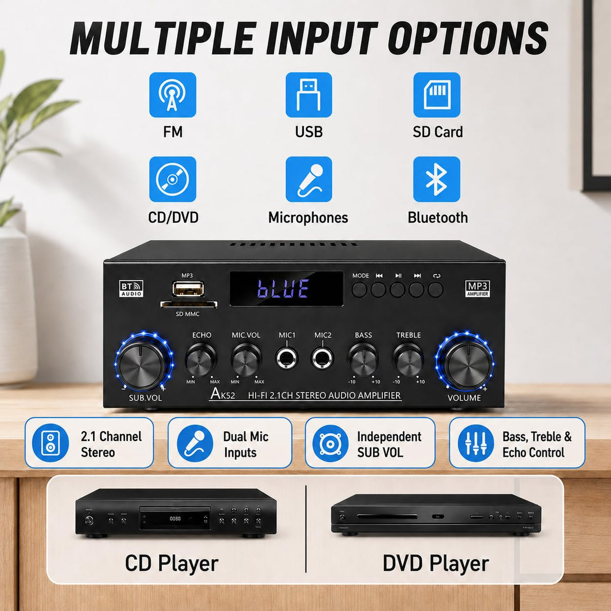 Bluetooth 5.0 2.1 Channel 400W Stereo Amplifier V58594