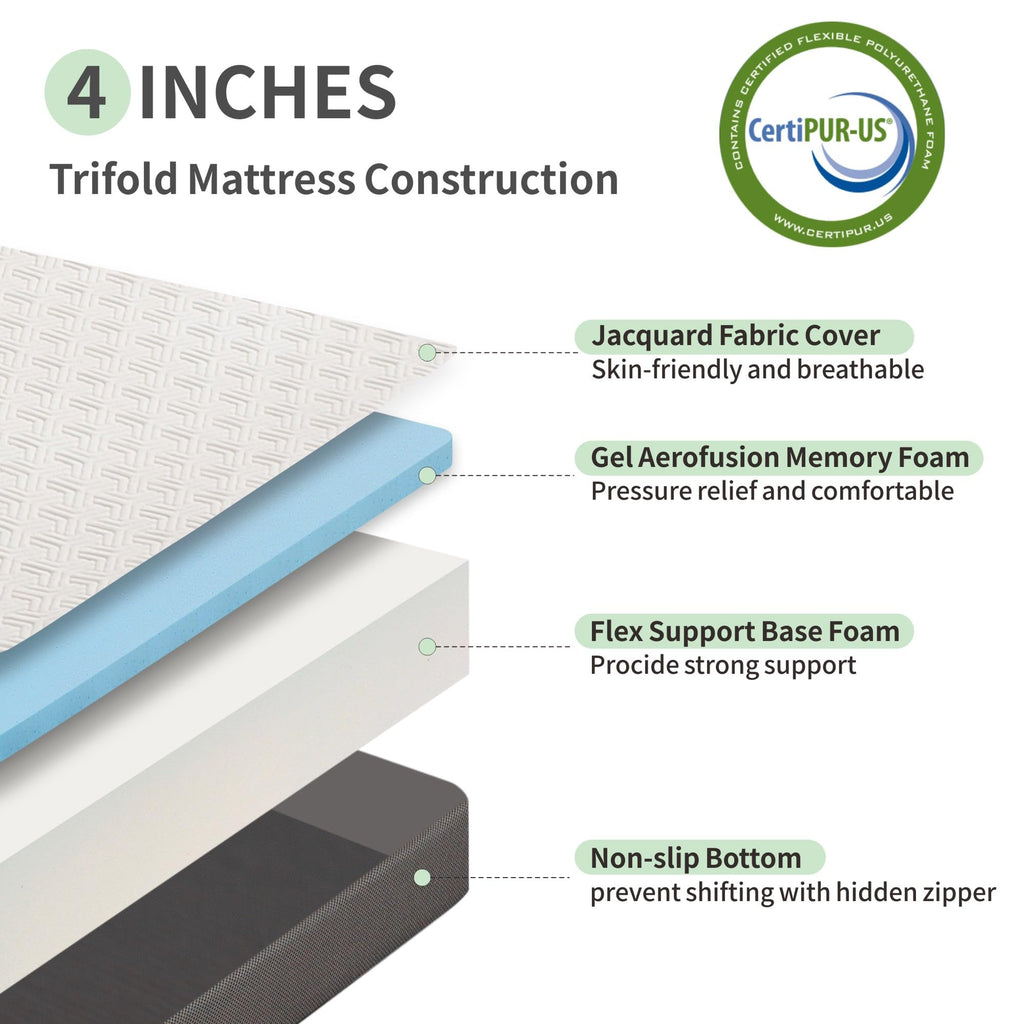4 Inch Tri Fold Memory Foam Mattress with Washable Cover E81291