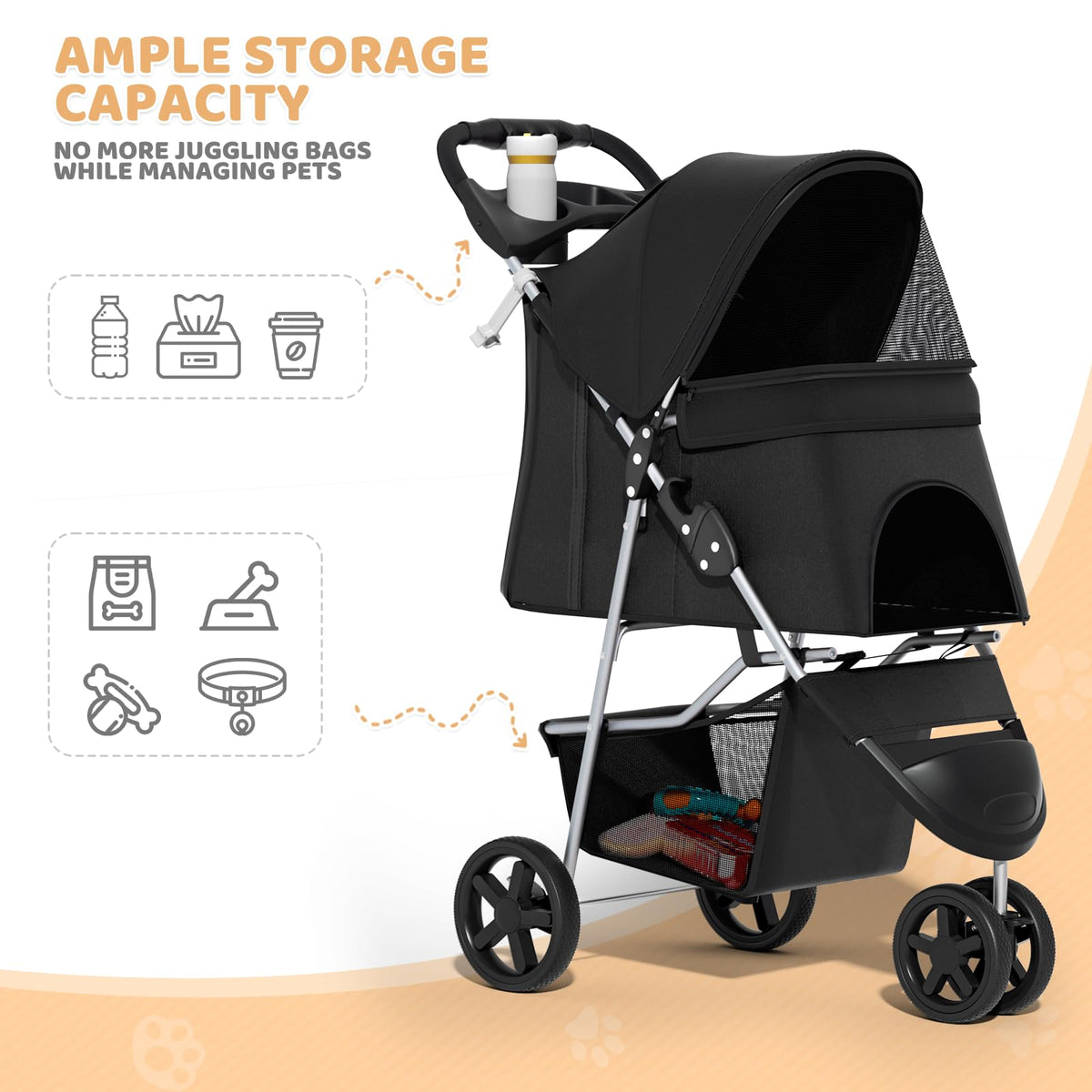3-Wheel Pet Stroller for Small/Medium Dog Cat, Up to 33lbs, Black U8543