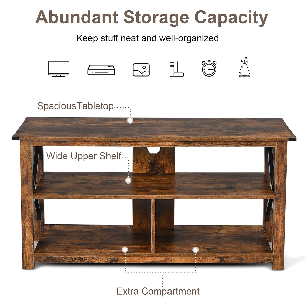 Brown 3 Tier Wood TV Stand with Open Shelves A707980