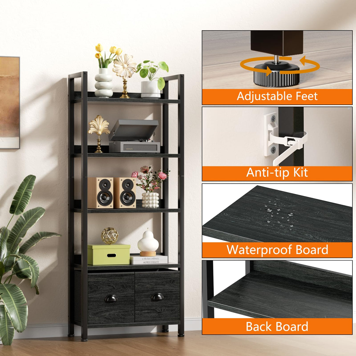 5-Tier Black Oak Bookshelf with 2 Storage Drawers U832056