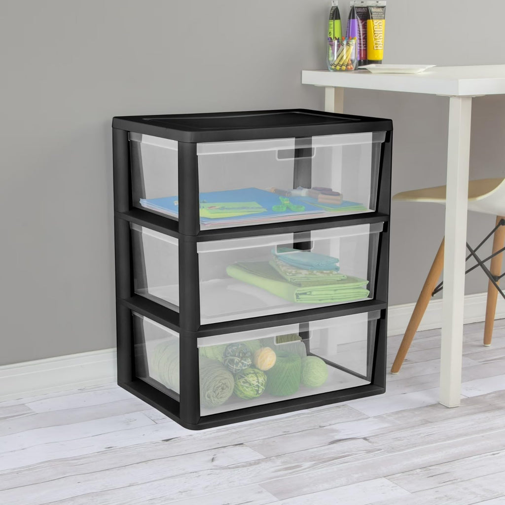 Black 3 Drawer Plastic Storage Organizer Tower with Clear Bins N57748