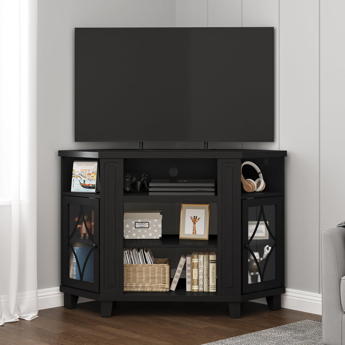Corner TV Stand up to 55 Inch with Storage Wood Media Console Cabinet Satin Black S4525