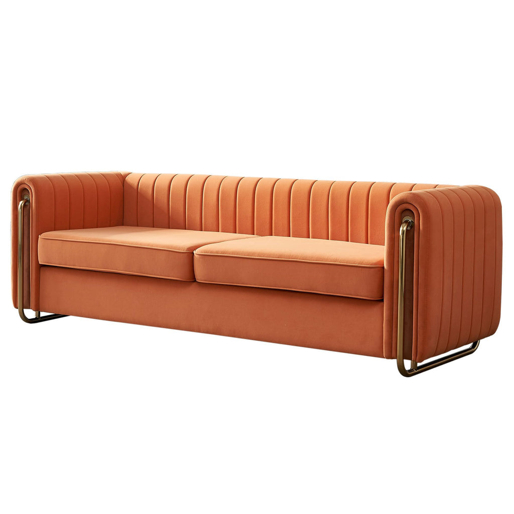 Velvet Sofa Couch, 3-Seater with Channel-Tufted Seats and Gold Steel Legs, Orange Z320