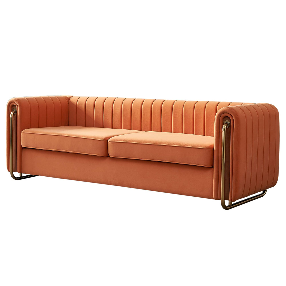 Velvet Sofa Couch, 3-Seater with Channel-Tufted Seats and Gold Steel Legs, Orange Z320