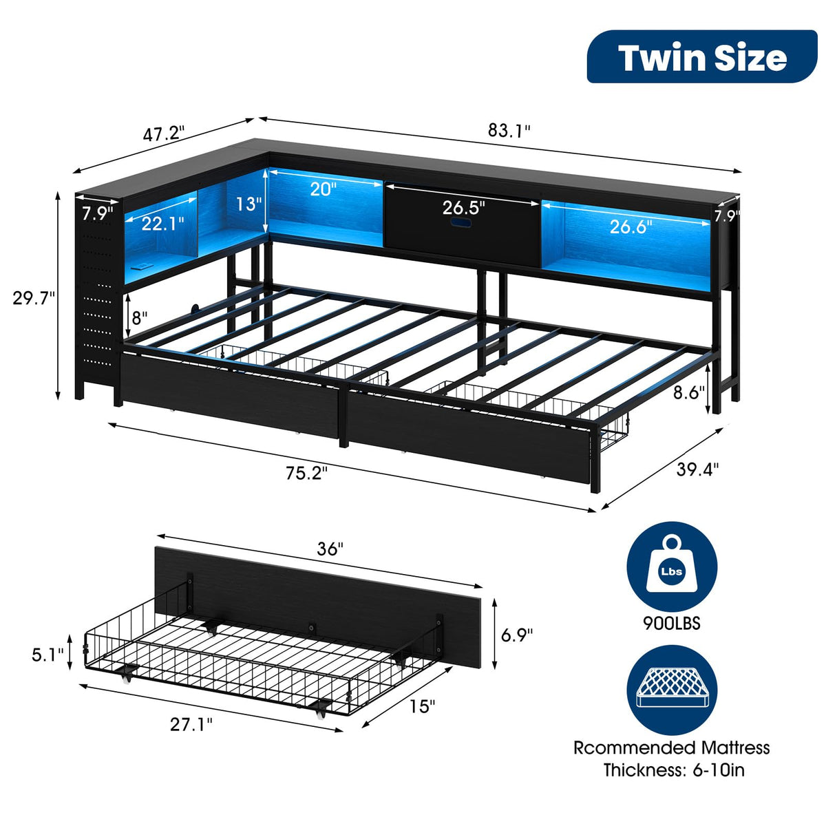 Twin Size Metal Corner Bed Frame with Storage Bookcase Headboard X8956