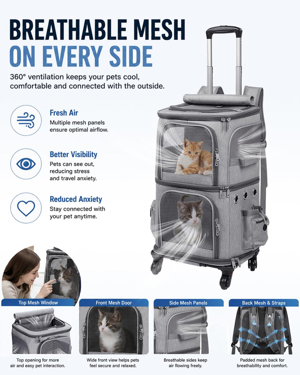 Double-Compartment Cat Backpack Carrier with Wheels N45608