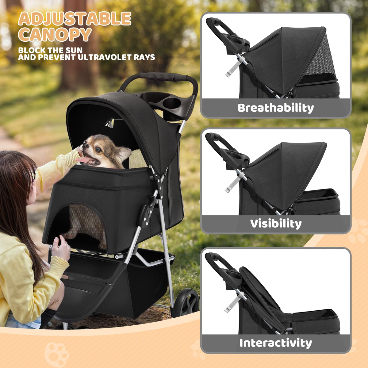 3-Wheel Pet Stroller for Small/Medium Dog Cat, Up to 33lbs, Black U8543