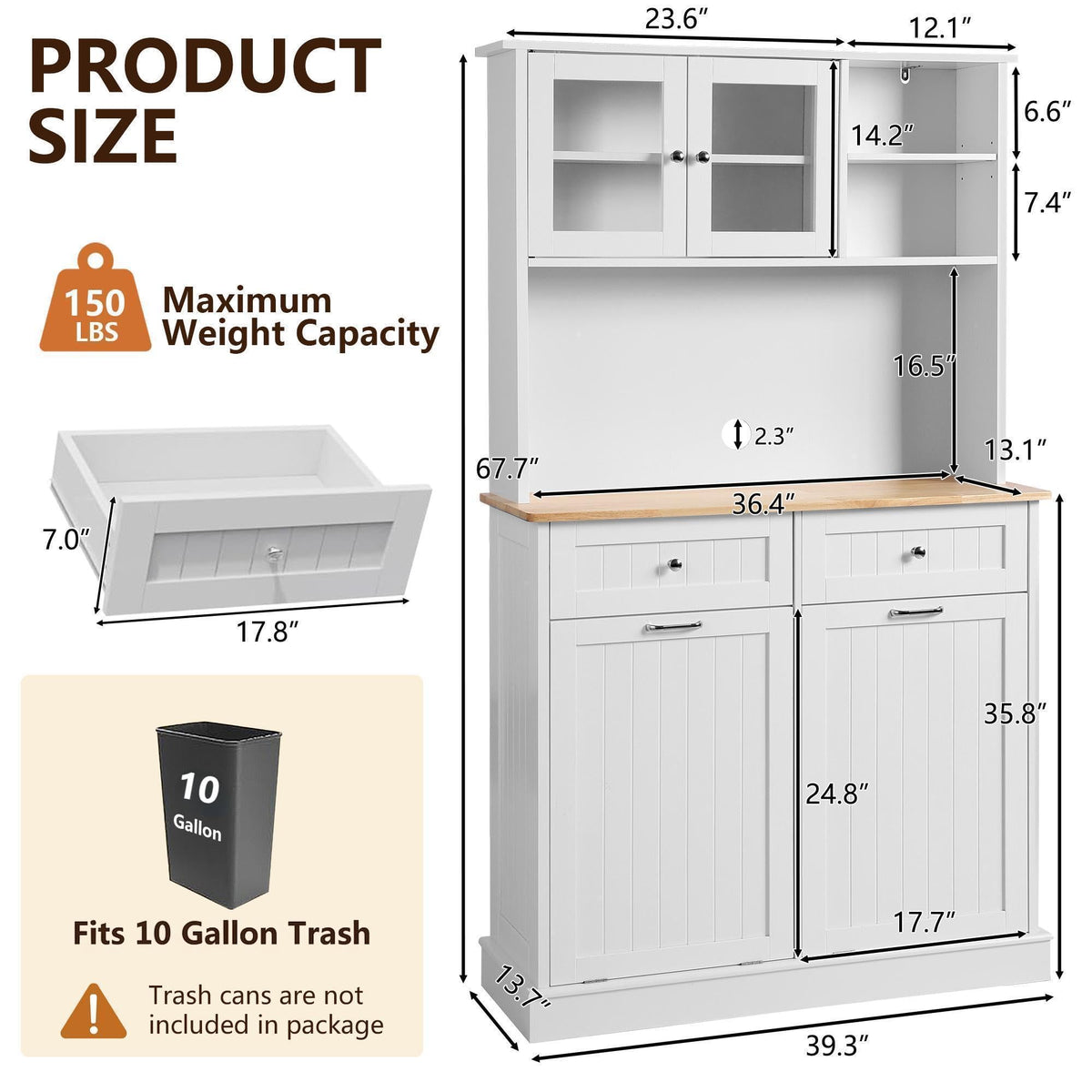 68.4" White Kitchen Pantry Storage Cabinet with Shelf, 2 Drawers and Tilt Out Trash Cabinet F403603