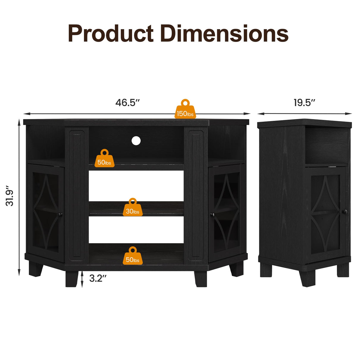 Corner TV Stand up to 55 Inch with Storage Wood Media Console Cabinet Satin Black S4525