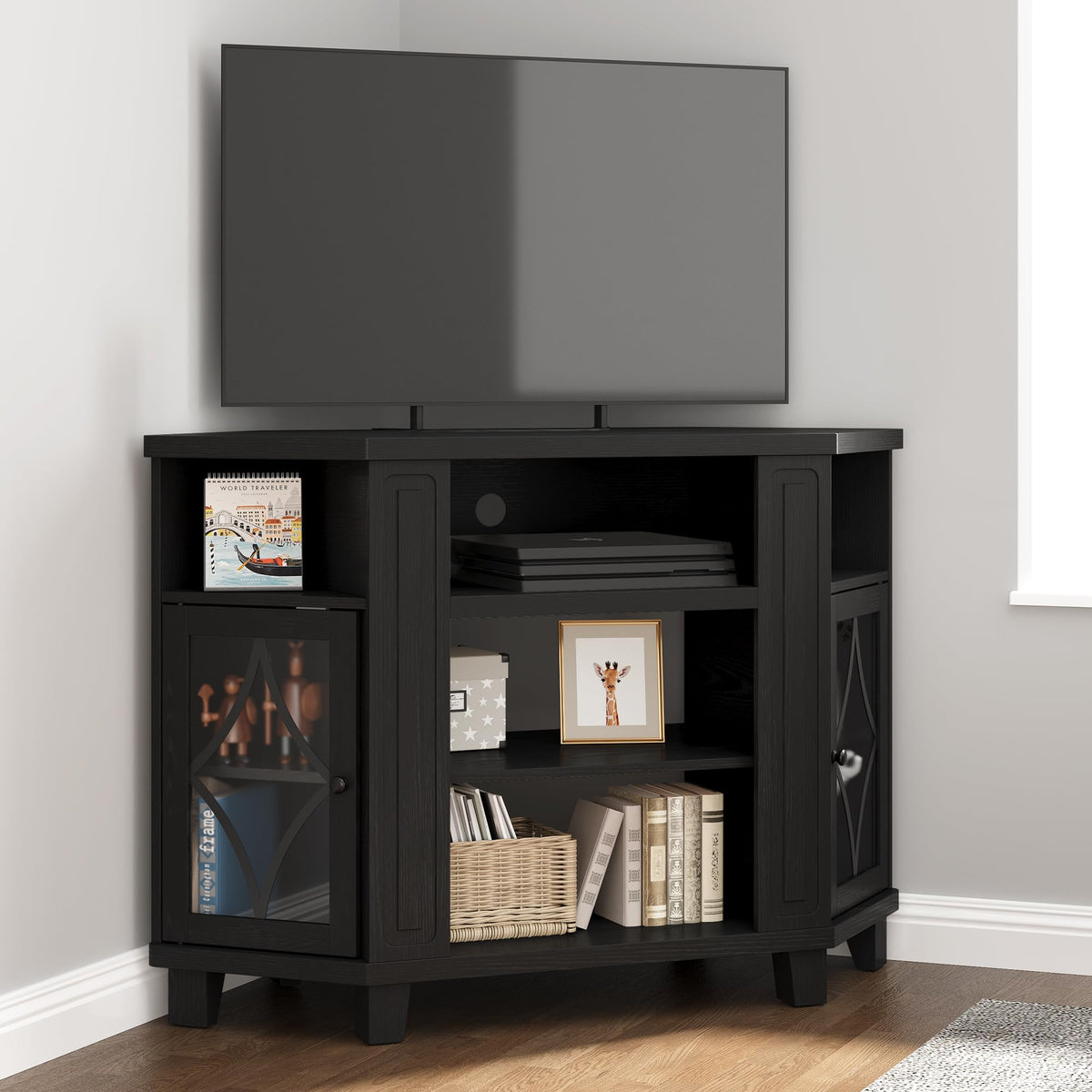 Corner TV Stand up to 55 Inch with Storage Wood Media Console Cabinet Satin Black S4525