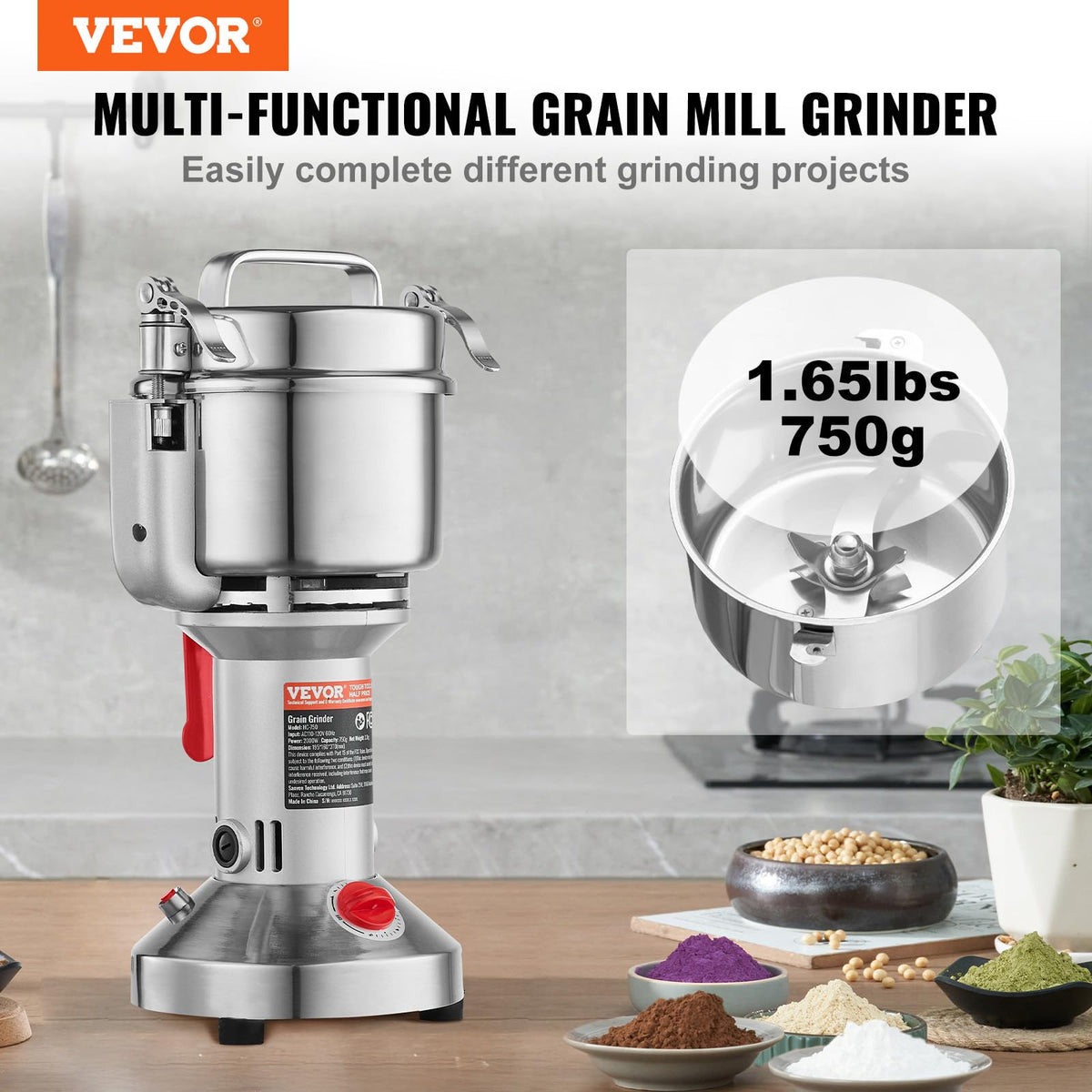 750g 2000W Stainless Steel Electric Grain Mill Grinder F665