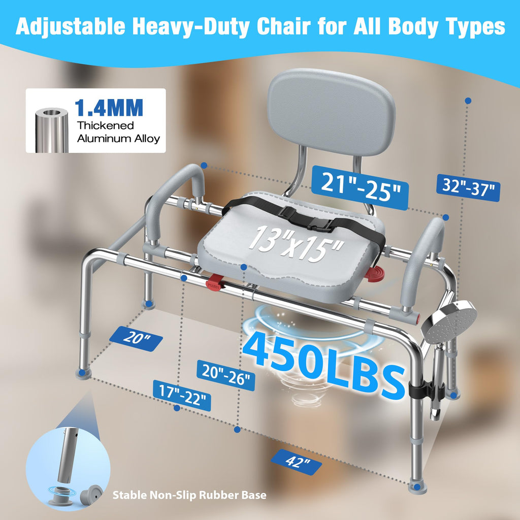 Sliding Shower Chair Tub Transfer Bench with Swivel Seat, 450lbs, Adjustable Height, Gray H229