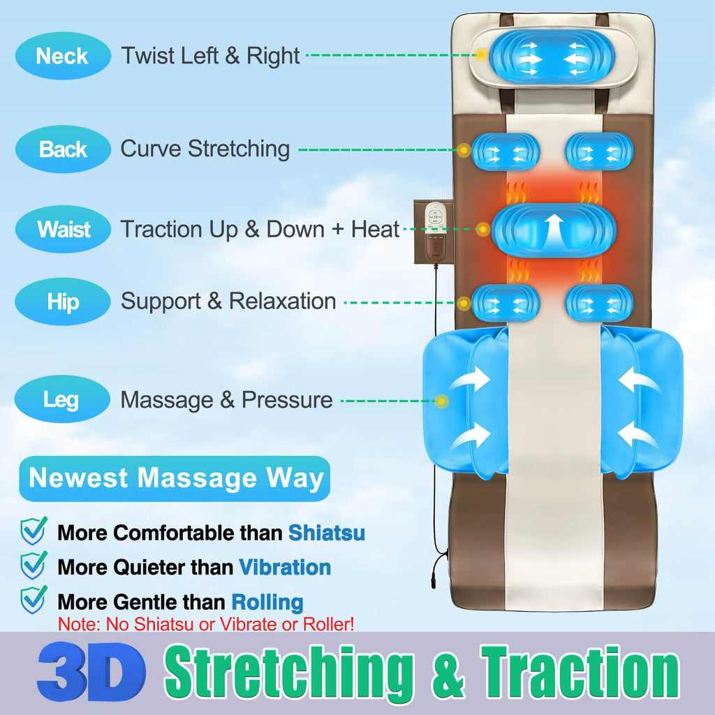 Full Body Massage Mat with Airbags Stretching & Heating, 3D Lumbar Traction, 4 Modes 3 Intensities 3 Heat Levels, PU Leather, Foldable H136658