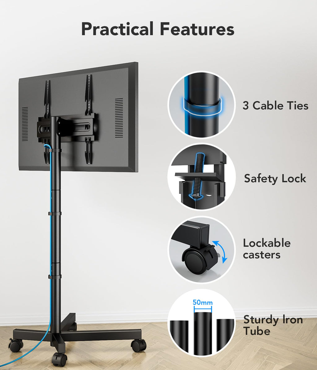 Mobile TV Cart Stand with Wheels, Height Adjustable, Holds up to 88 lbs E36681