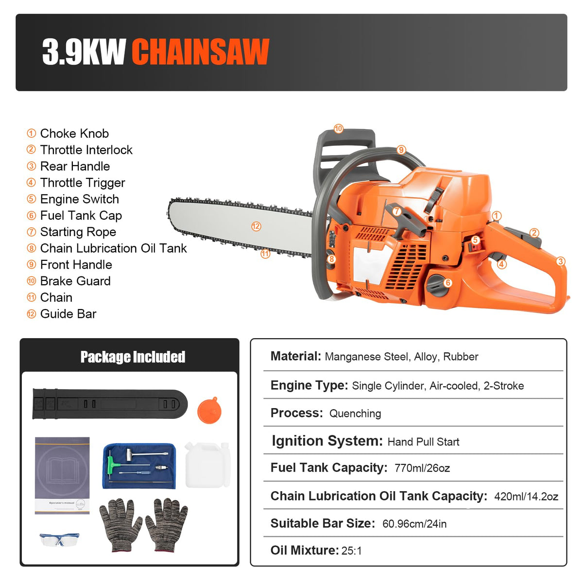 71.8CC 24inch 2-Stroke Gas Chainsaw E5357