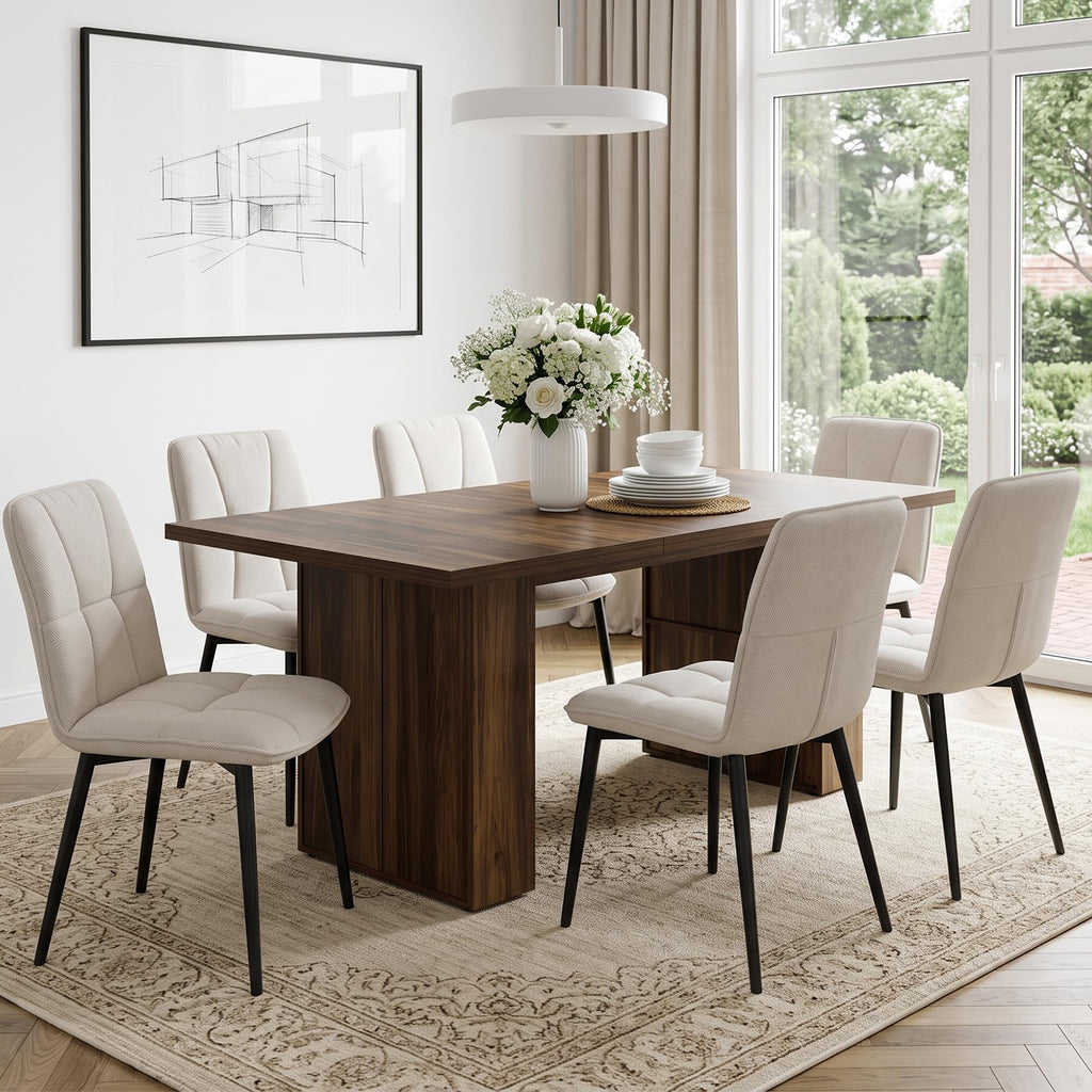 7 Piece Dining Table Set with 6 Beige Knit Fabric Chairs D9920