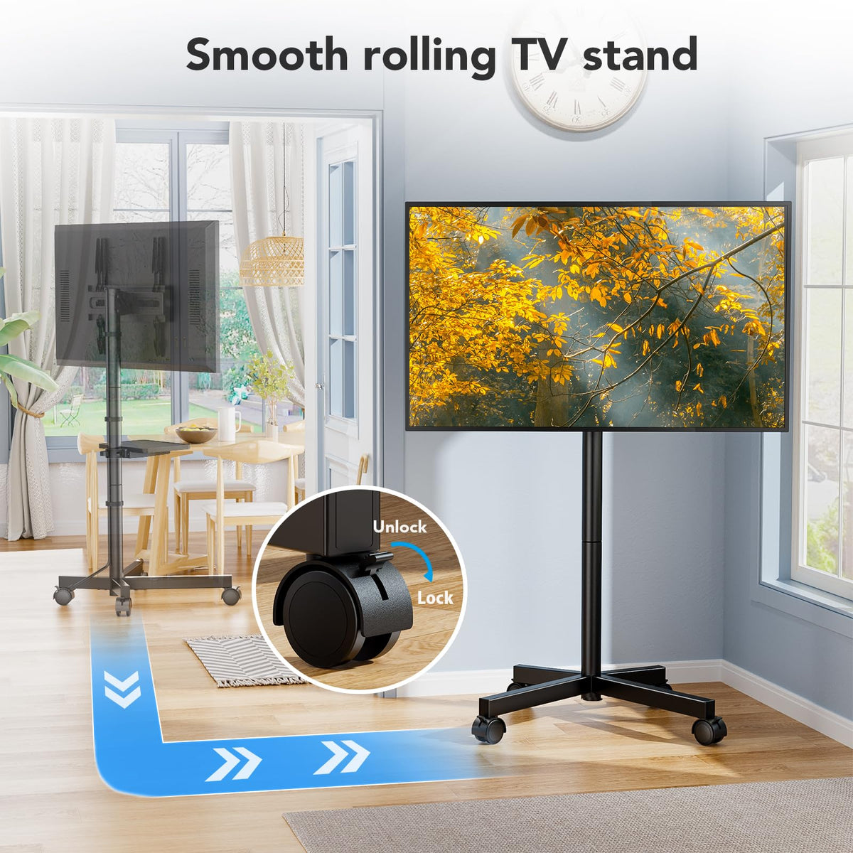 Mobile TV Cart Stand with Wheels, Height Adjustable, Holds up to 88 lbs E36681