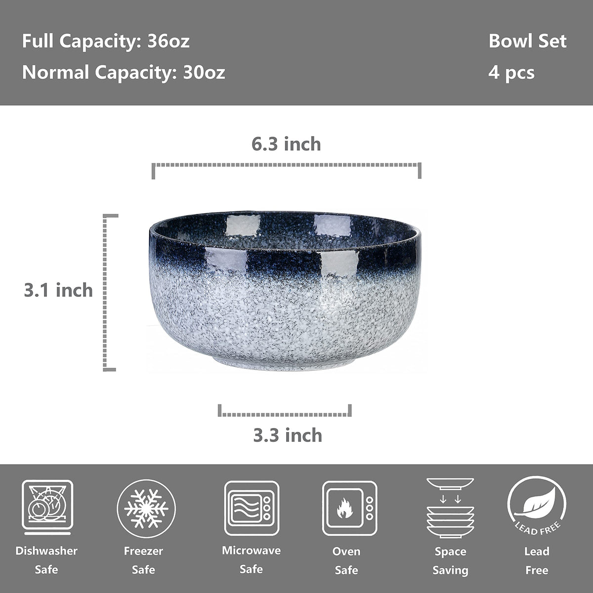 36 Ounce Ceramic Bowl Set of 4 Dark Blue A3224