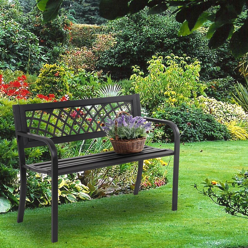 4 Feet Heavy-Duty Metal Patio Bench with Backrest Armrests P1609