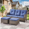 Grey Wicker 3pcs Patio Furniture Set with Blue Cushions D98611