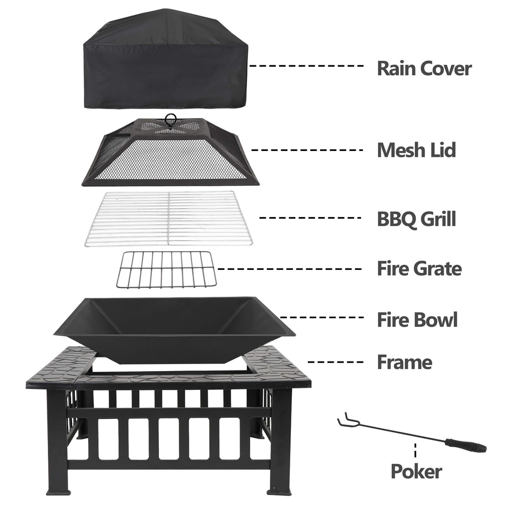 32" Square Metal Wood Burning Fire Pit Table K571