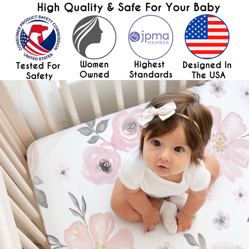 3-Piece Baby Crib Sheets Set Pink Floral Fitted Standard Size C406