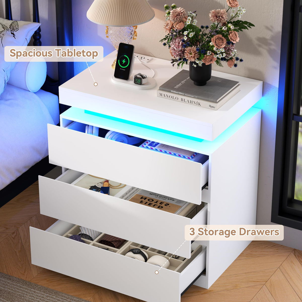 White Nightstand with Charging Station and LED Lights I6032