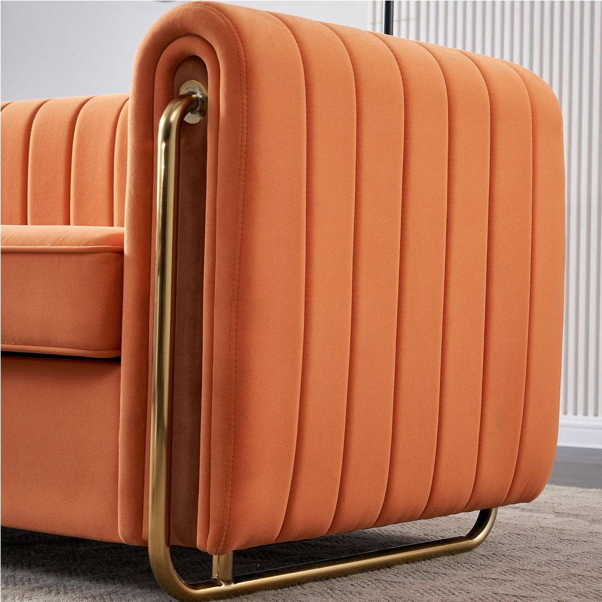 Velvet Sofa Couch, 3-Seater with Channel-Tufted Seats and Gold Steel Legs, Orange Z320