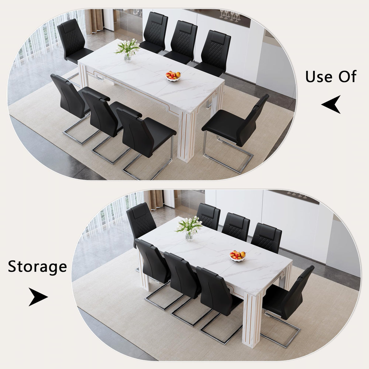 9-Piece Walnut Wood Grain Dining Table Set with 8 Black PU Leather Chairs W81346