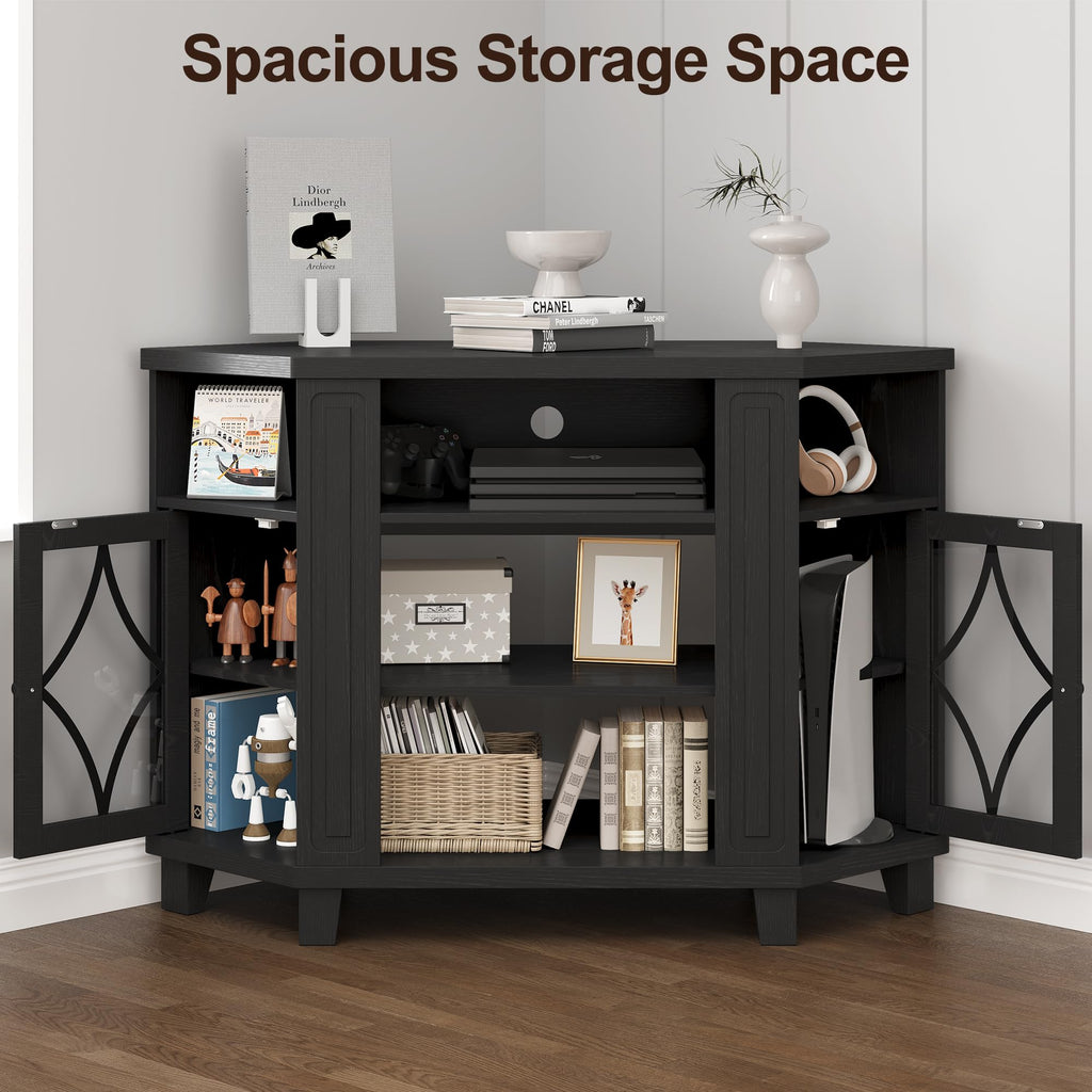 Corner TV Stand up to 55 Inch with Storage Wood Media Console Cabinet Satin Black S4525