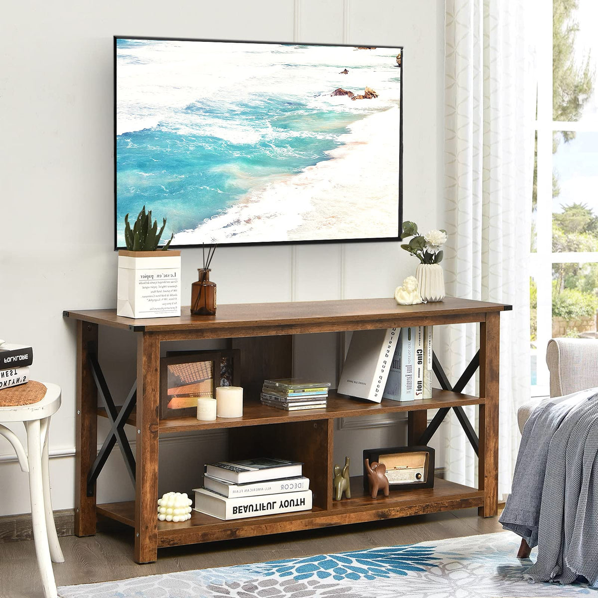 Brown 3 Tier Wood TV Stand with Open Shelves A707980