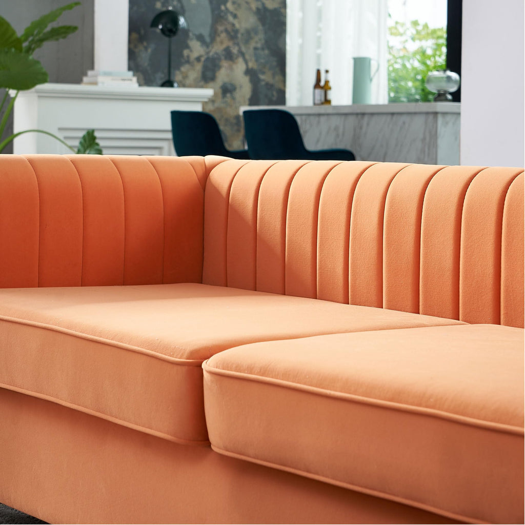 Velvet Sofa Couch, 3-Seater with Channel-Tufted Seats and Gold Steel Legs, Orange Z320