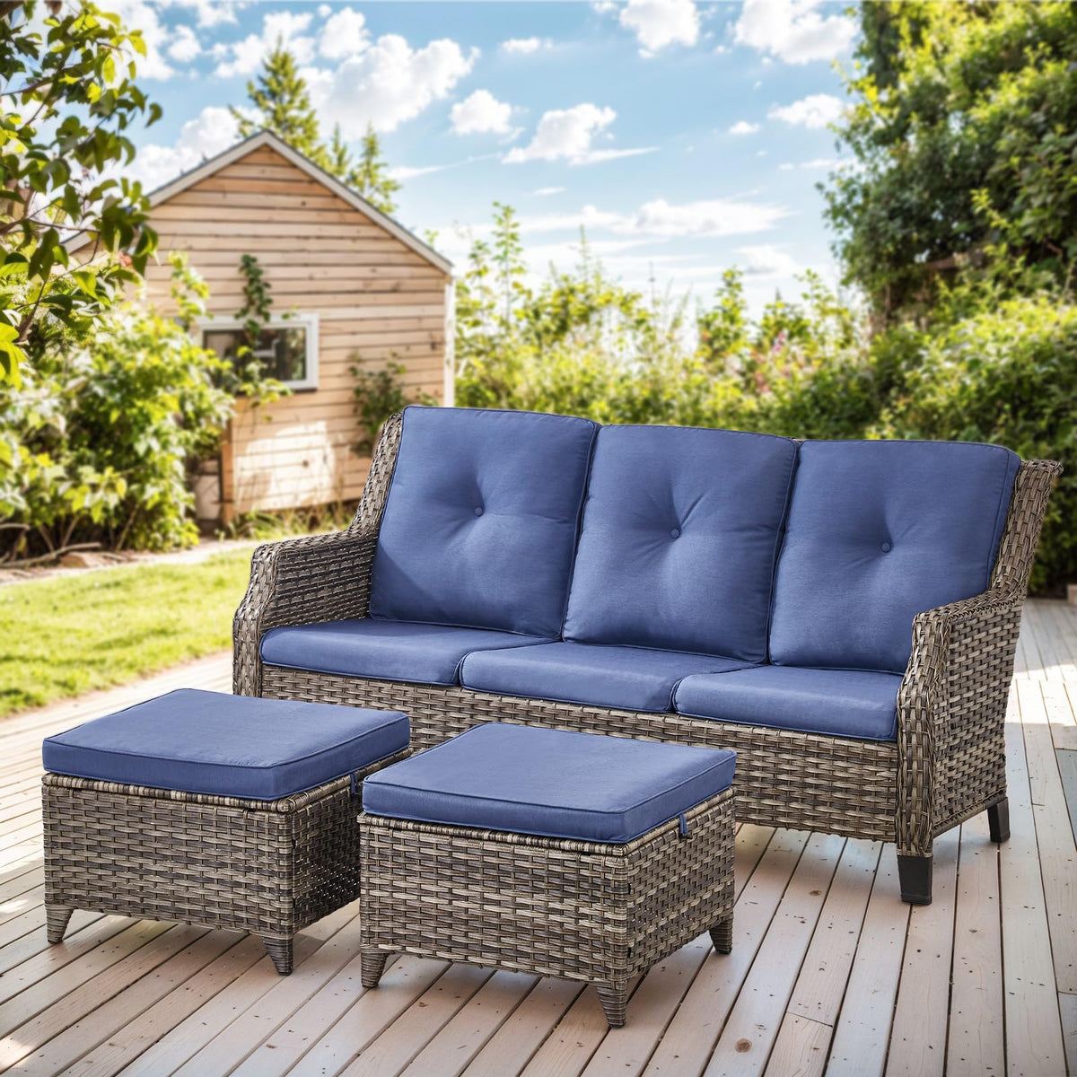 Grey Wicker 3pcs Patio Furniture Set with Blue Cushions D98611