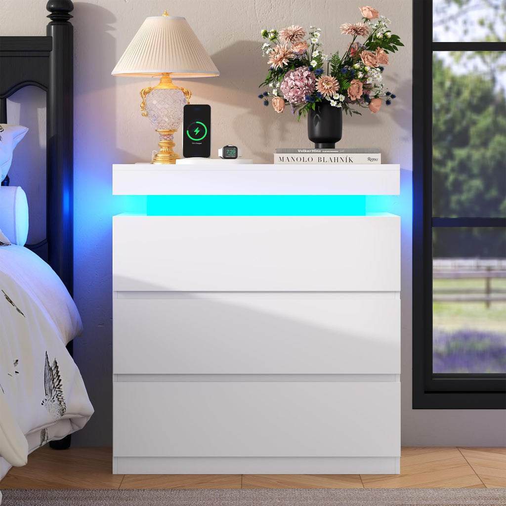 White Nightstand with Charging Station and LED Lights I6032