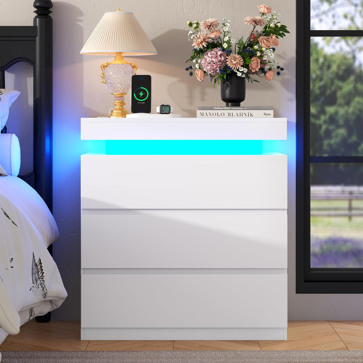White Nightstand with Charging Station and LED Lights I6032
