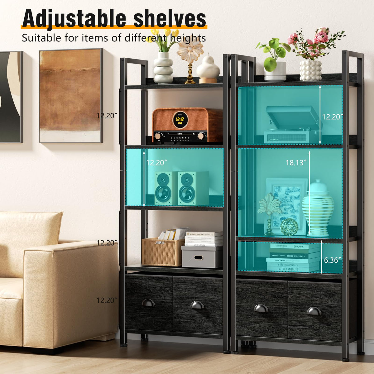 5-Tier Black Oak Bookshelf with 2 Storage Drawers U832056