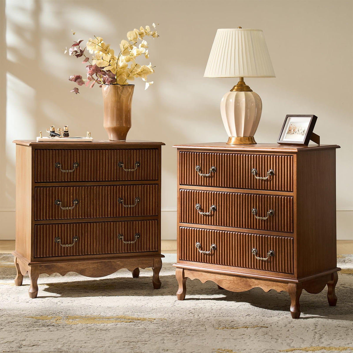 Set of 2 Wood Side Table with 3 Drawers and Charging Station O8382