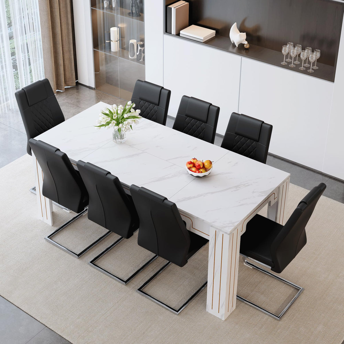 9-Piece Walnut Wood Grain Dining Table Set with 8 Black PU Leather Chairs W81346