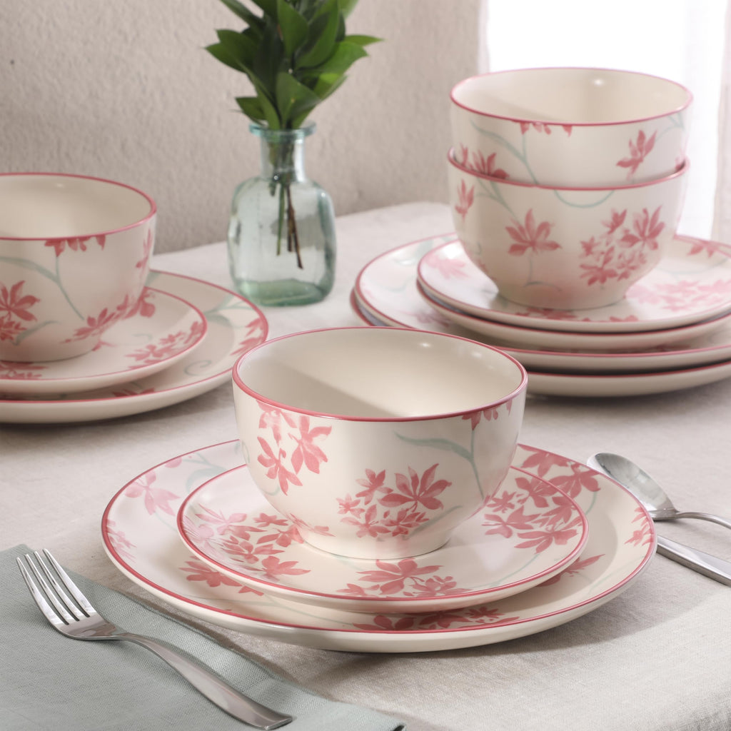 12-Piece Matte Stoneware Dinnerware Set with Pink Floral Pattern E352