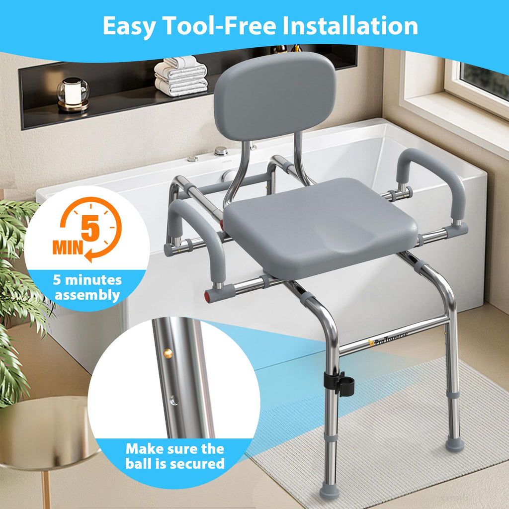 Sliding Shower Chair Tub Transfer Bench with Swivel Seat, 450lbs, Adjustable Height, Gray H229
