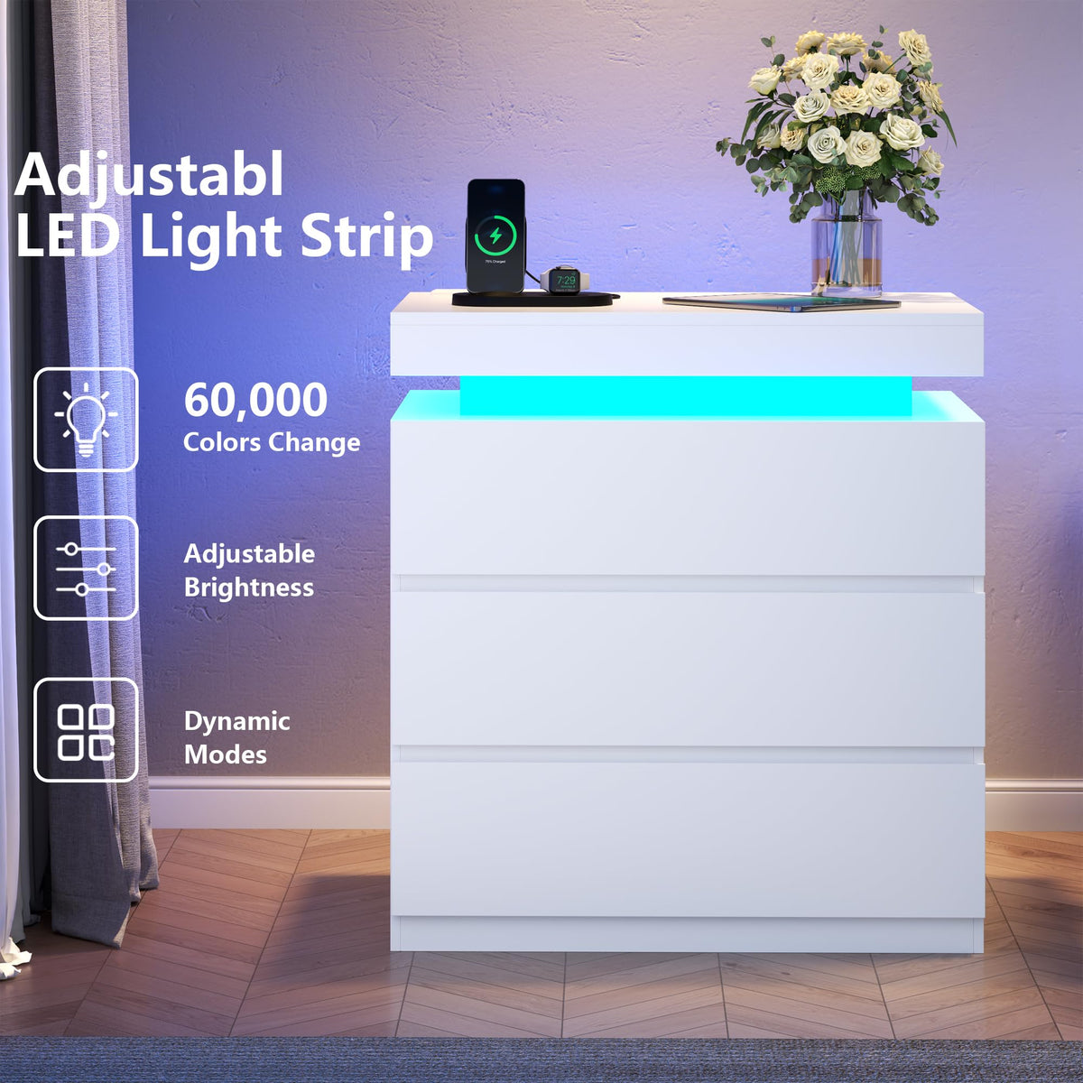 White Nightstand with Charging Station and LED Lights I6032
