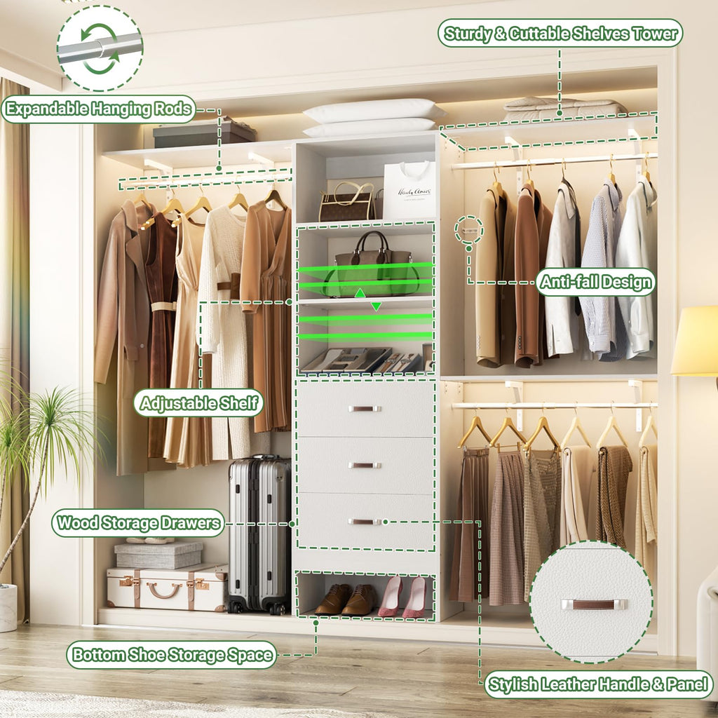 8FT White Wood Closet Organizer System with Drawer E649