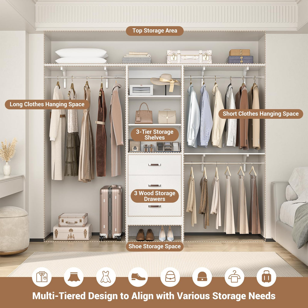 8FT White Wood Closet Organizer System with Drawer E649