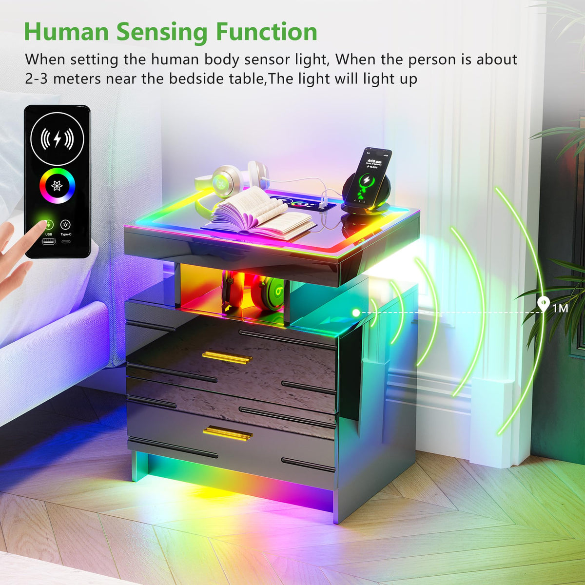 Black Smart Nightstand with Wireless Charging Station N47625